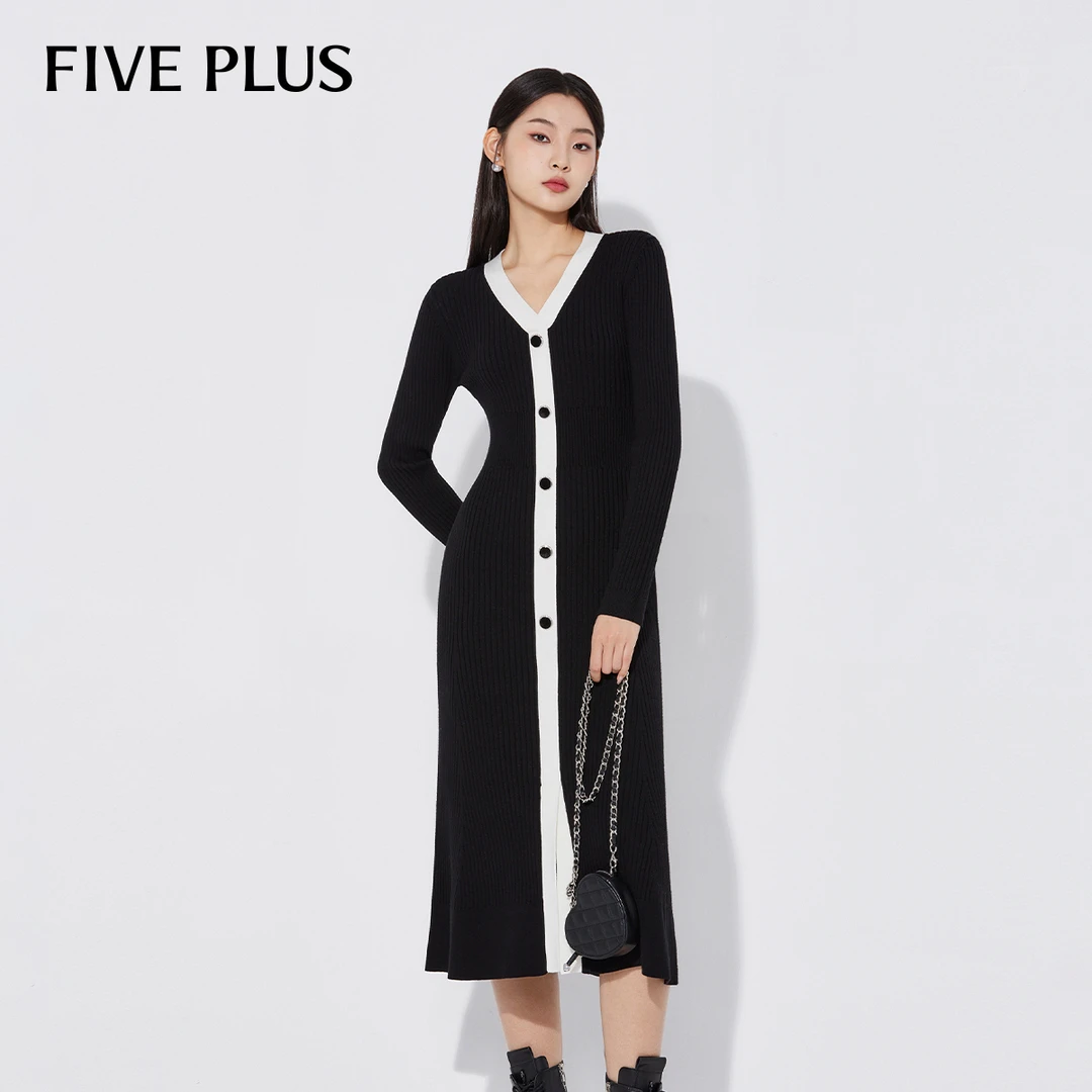 FIVE PLUS春装连衣裙女24K年气质修身设计V领针织长裙2LE1080040