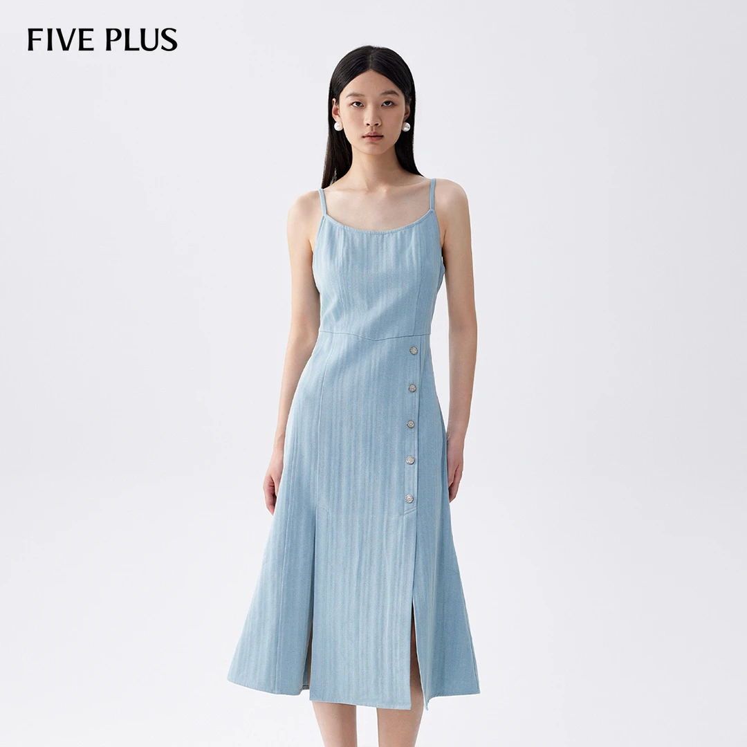 FIVE PLUS夏装连衣裙女高腰牛仔吊带裙中长开叉单排扣2LE3080320