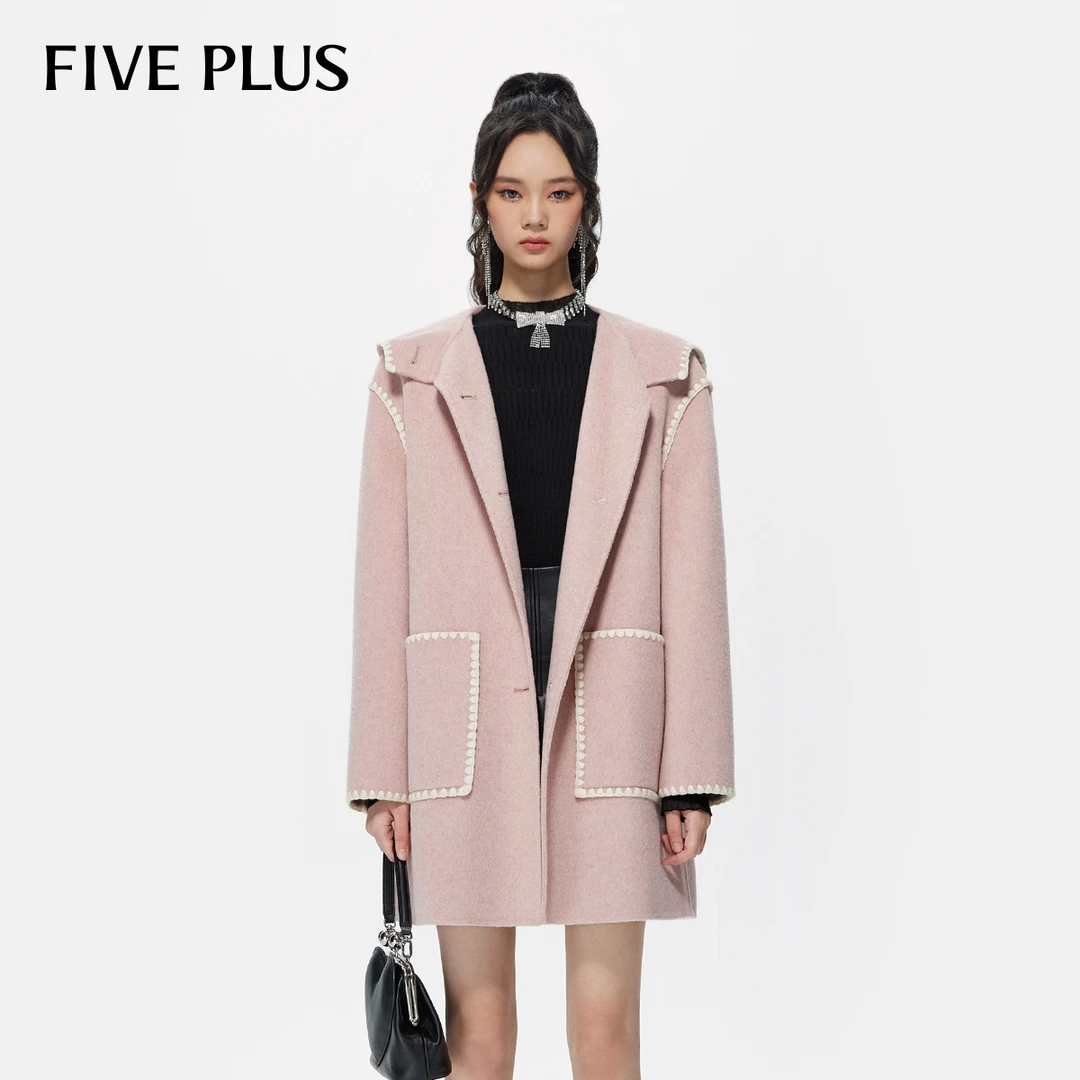 【轻奢桑蚕丝】FIVE PLUS冬装双面呢绵羊毛热力感大衣2TE3343310