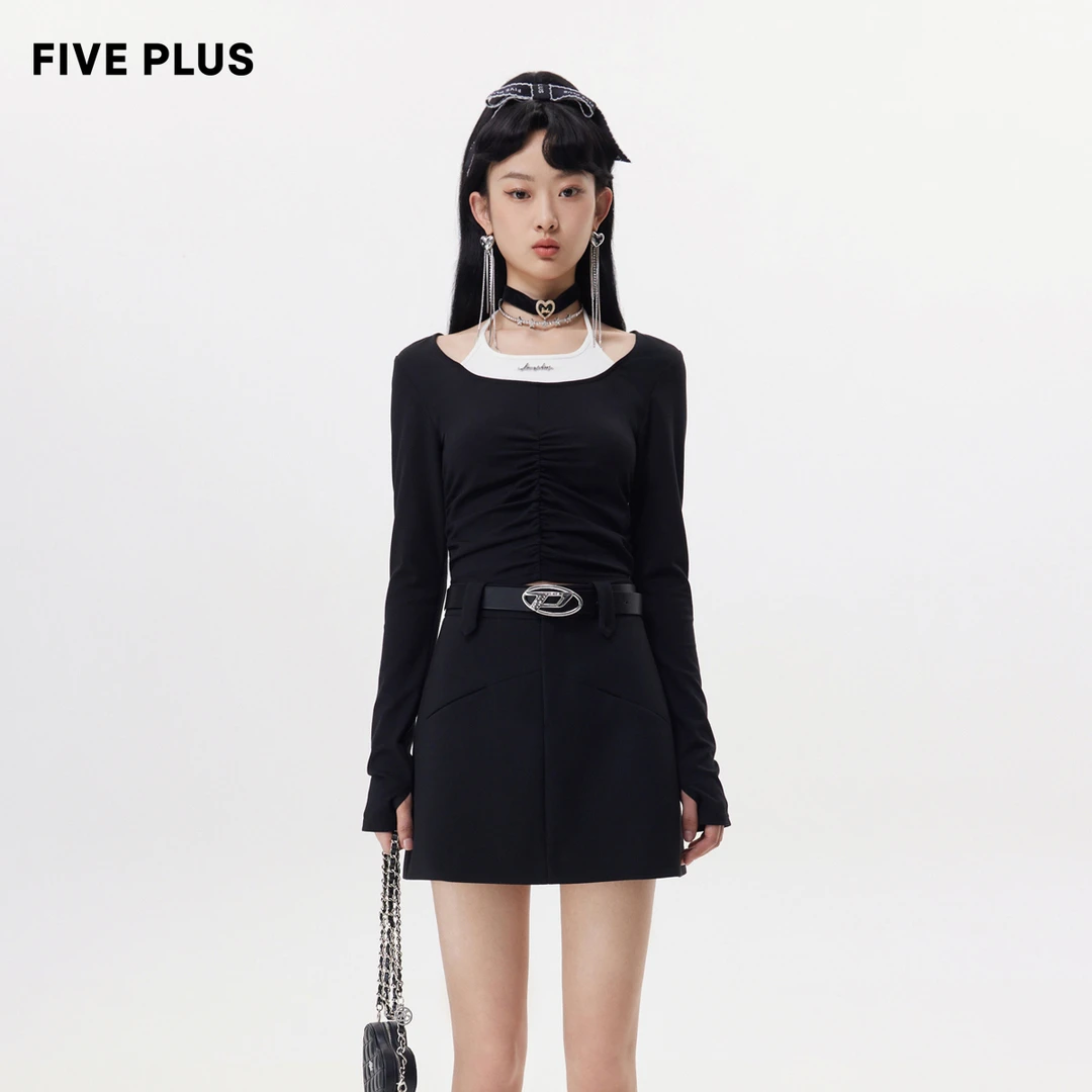 FIVE PLUS秋装假两件长袖T恤女修身气质打底套头衫拼接2TN3022160