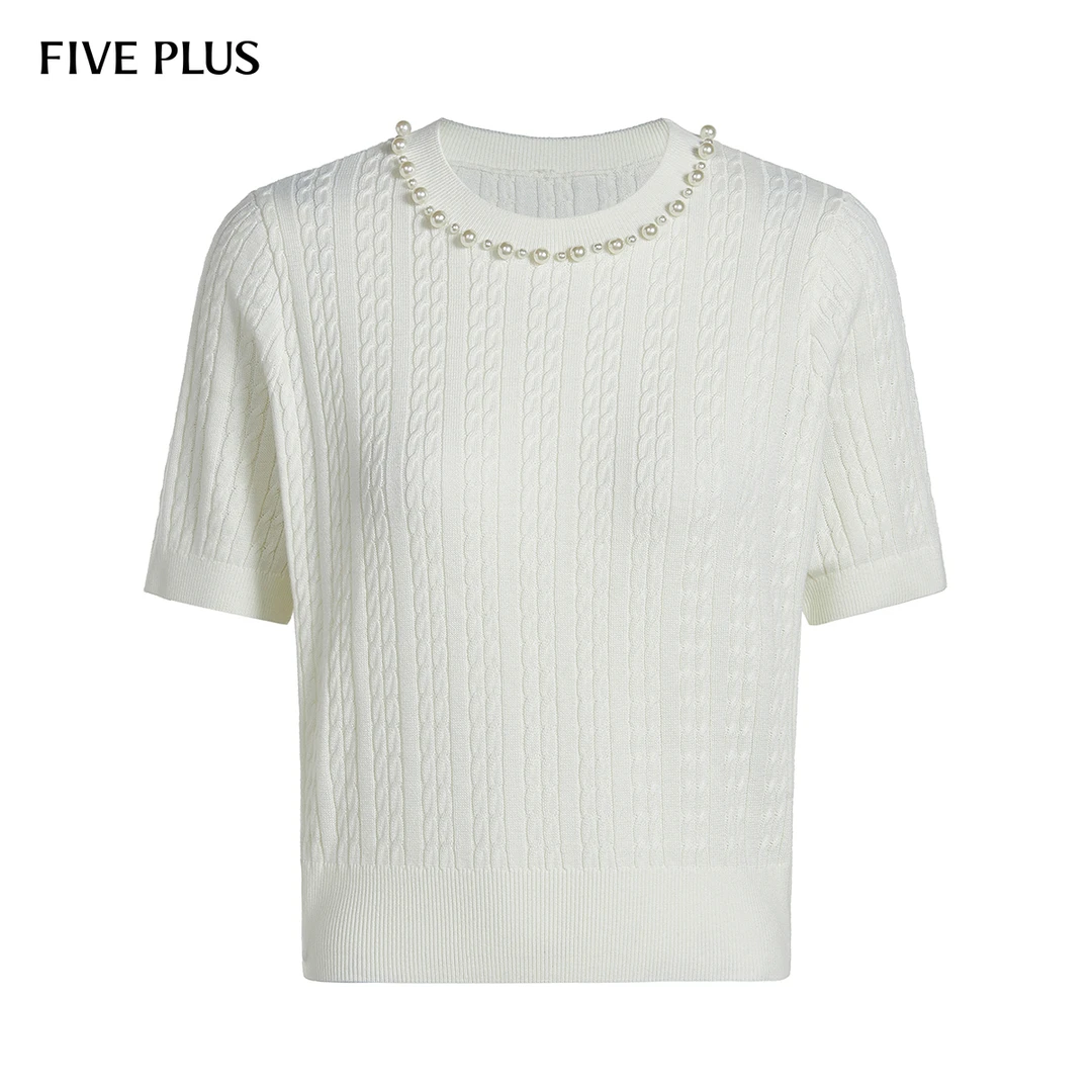 FIVE PLUS秋装针织衫女复古温柔上衣短袖肌理感套头衫2LE3030380