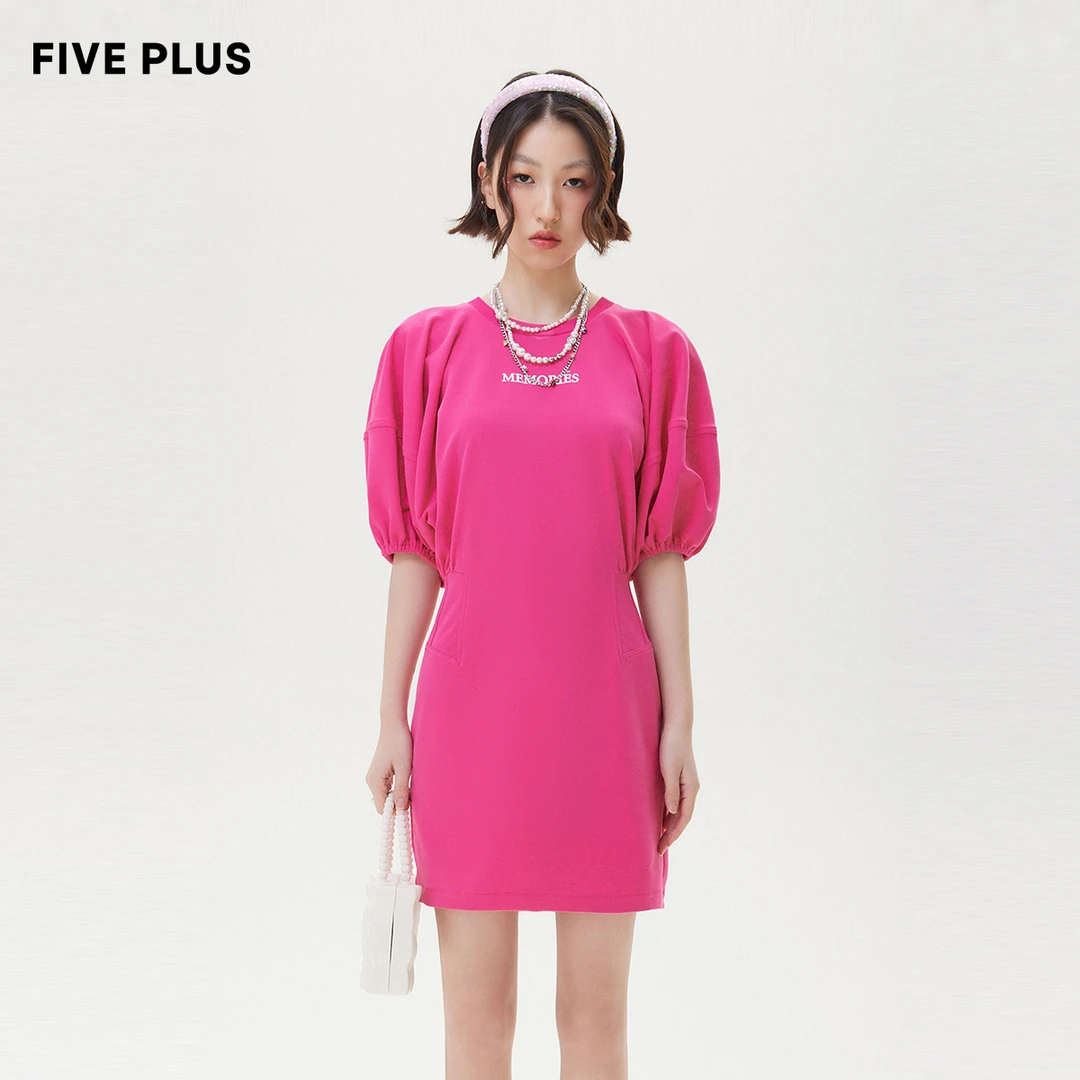 FIVE PLUS女装连衣裙女复古灯笼袖修身字母短裙子小众2TN2082470