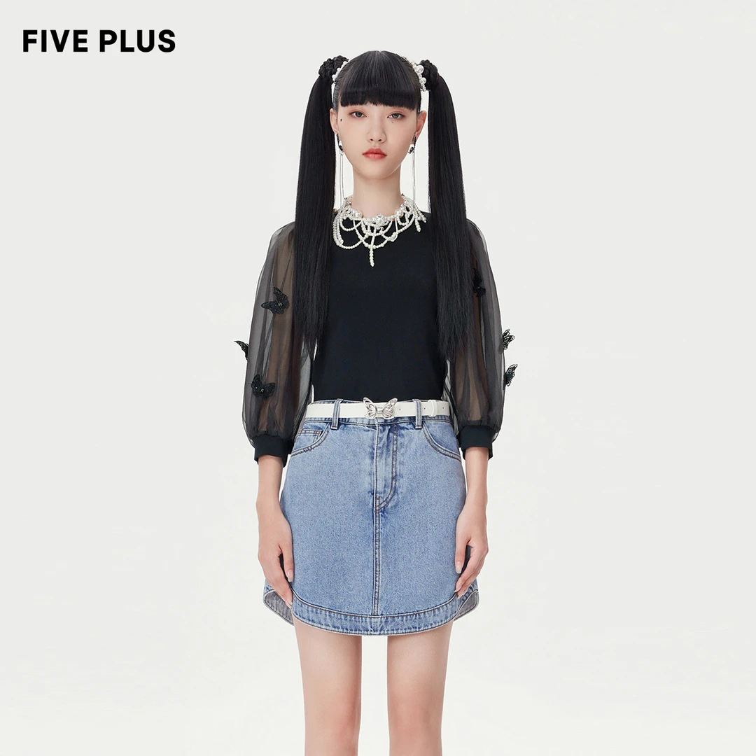 FIVE PLUS夏装气质针织衫女拼接网纱蝴蝶饰套头衫小众2TN1035040