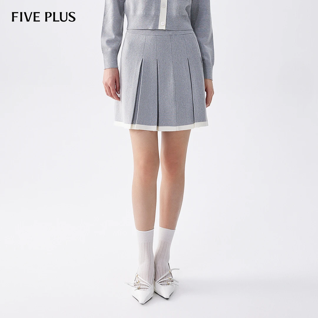 FIVE PLUS半身裙女裙子针织学院风显瘦A字百褶短裙2LE3070410