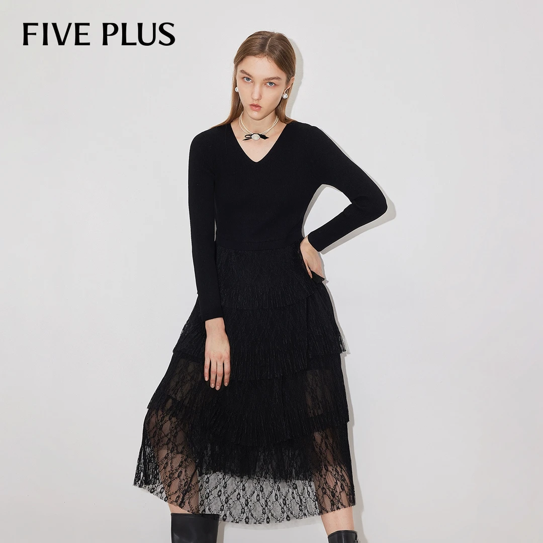 FIVE PLUS春装连衣裙女中长裙法式拼接收腰蕾丝蛋糕裙2LN1080160