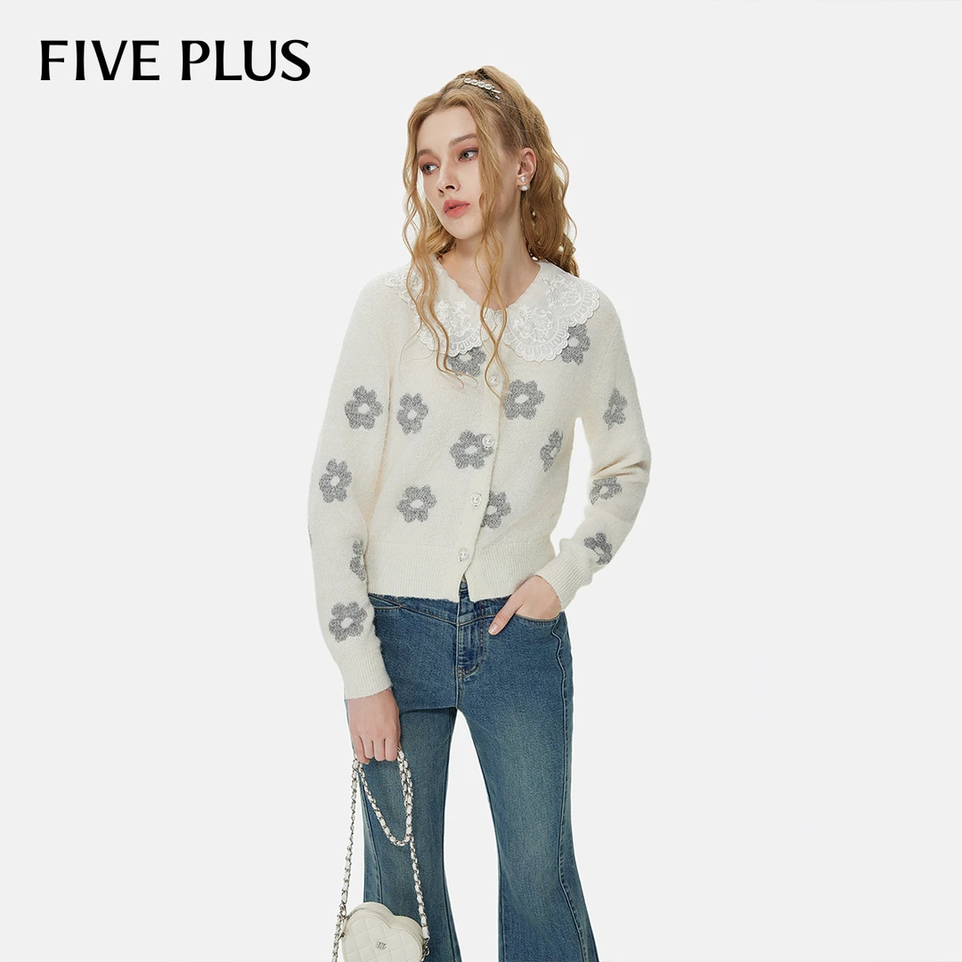 FIVE PLUS早春长袖针织衫短款毛衣温柔花朵长袖时尚2TD3032530