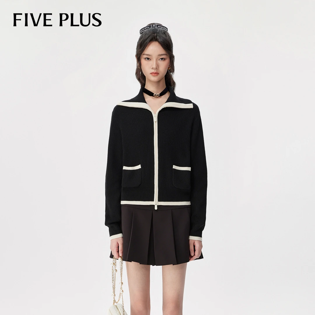 FIVE PLUS秋装复古翻领拉链针织衫女撞色长袖开衫上衣2TE3032700