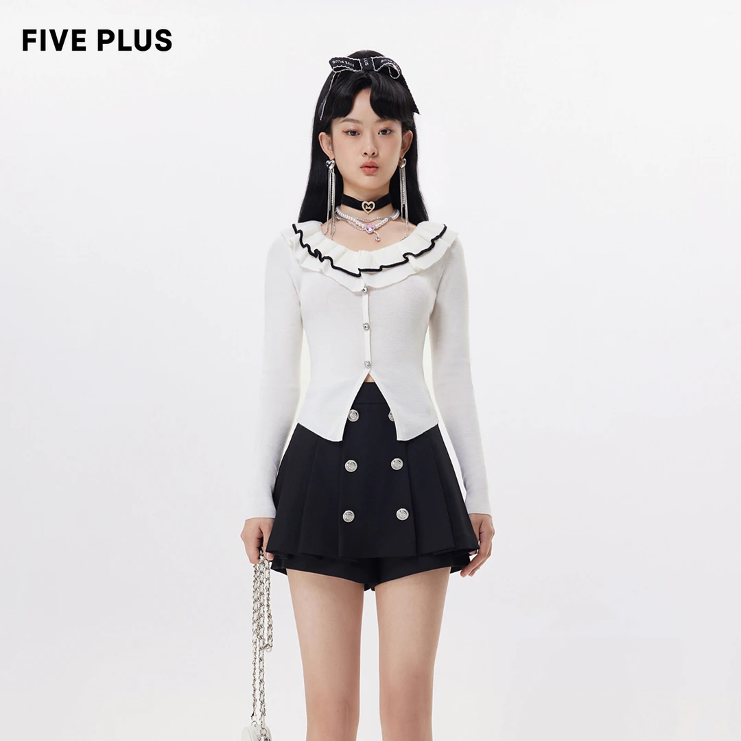 FIVE PLUS秋装荷叶花边领针织衫女修身气质套头衫排扣2TN3032020