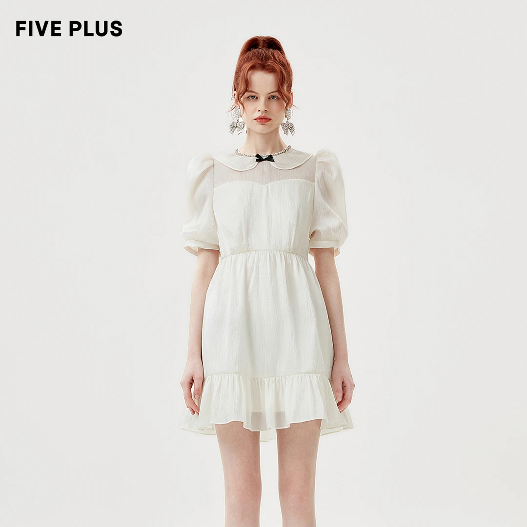 FIVE PLUS夏装温柔风连衣裙女泡泡袖高腰娃娃领短裙子2TE2081660