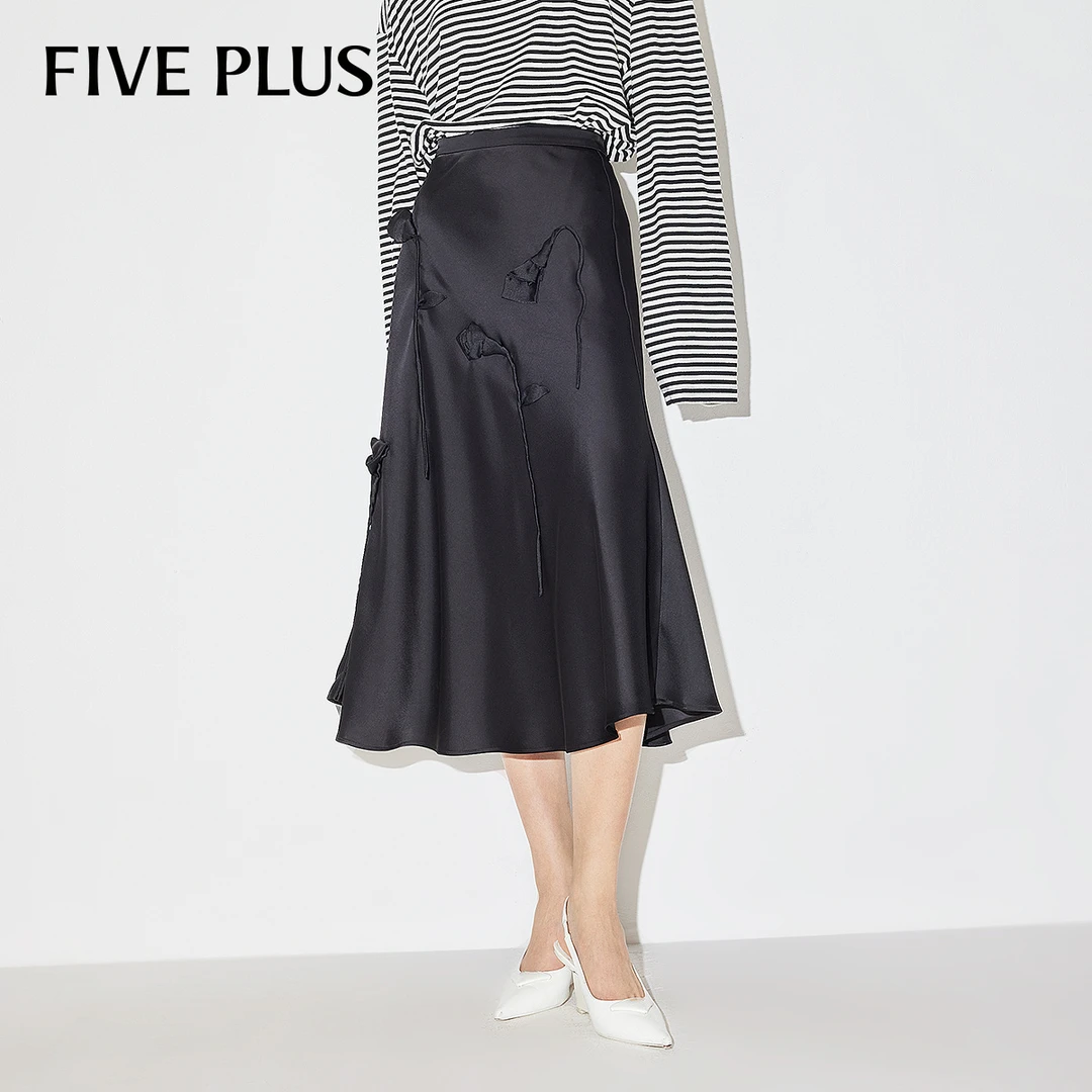 FIVE PLUS春装女装半身裙显瘦半身裙高腰中长款缎面裙2LN1074310