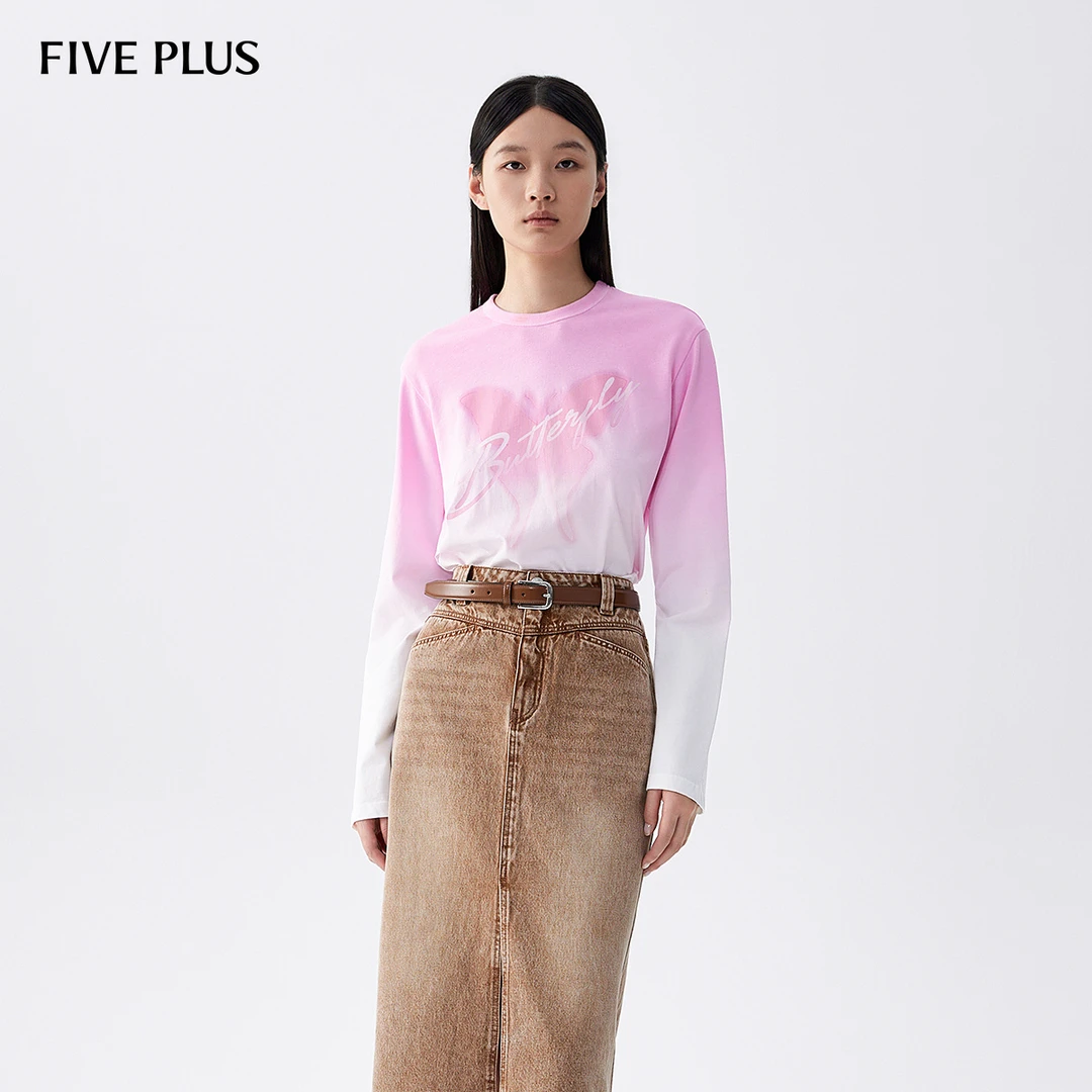 【黄蓉推荐】FIVE PLUS秋装T恤女上衣圆领宽松温柔慵懒风渐变套头