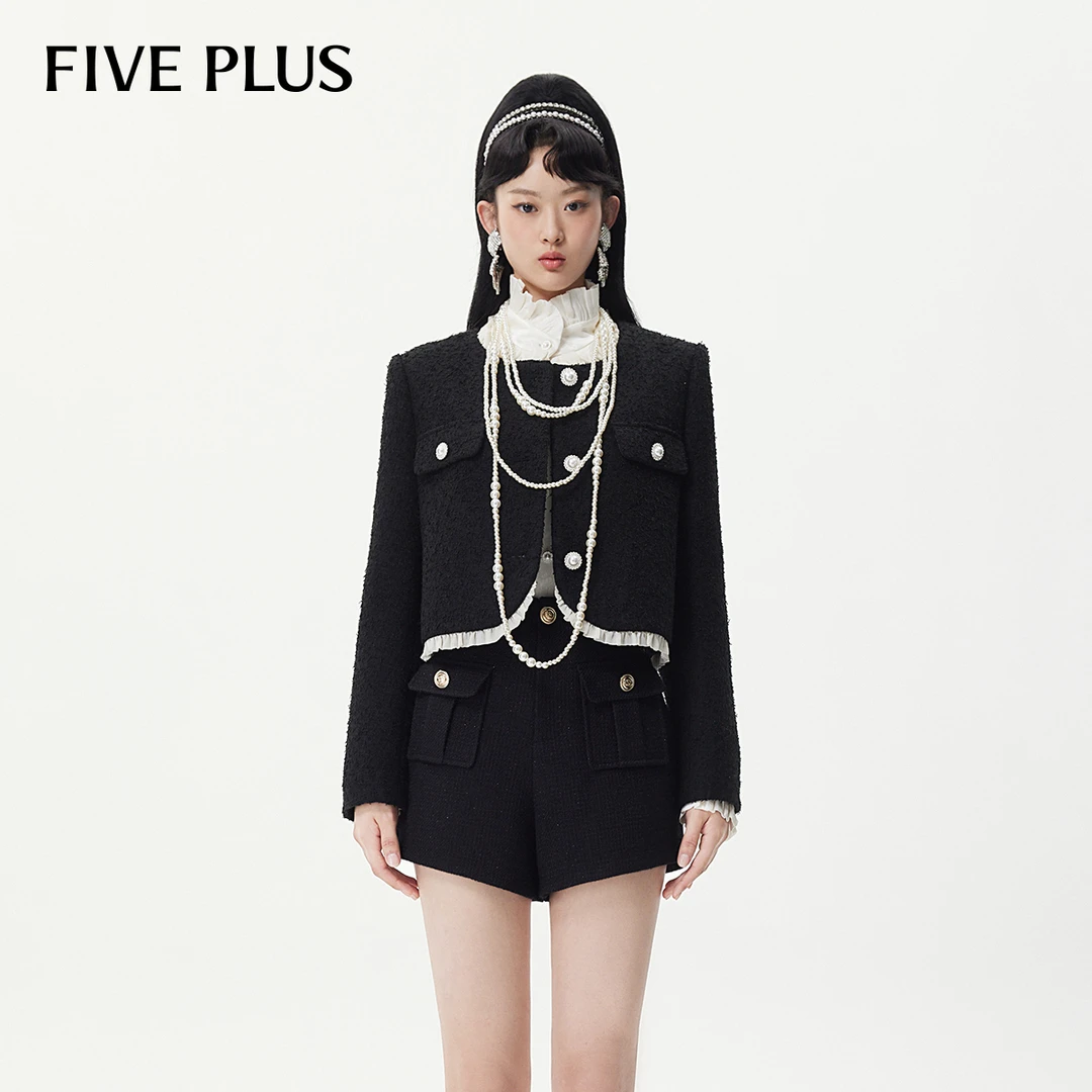 FIVE PLUS早春小香风外套女法式薄荷曼波气质圆领排扣2TN3045190