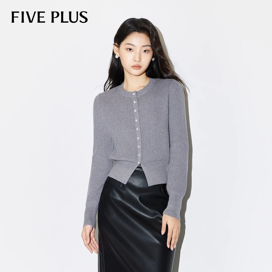 FIVE PLUS针织衫上衣收腰短款珍珠扣温柔薄荷曼波2LE1030810