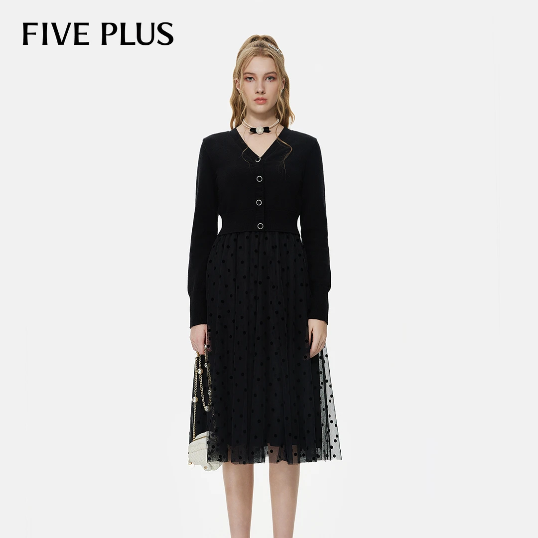【商场同款】FIVE PLUS法式毛织网纱拼接中长裙2TA4086210