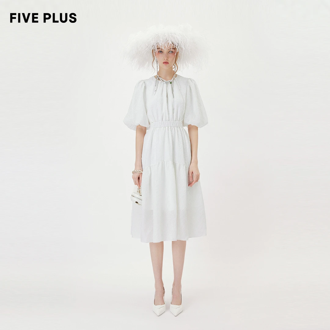 FIVE PLUS夏装小心机露腰连衣裙女泡泡袖提花中长裙子2TN2085160