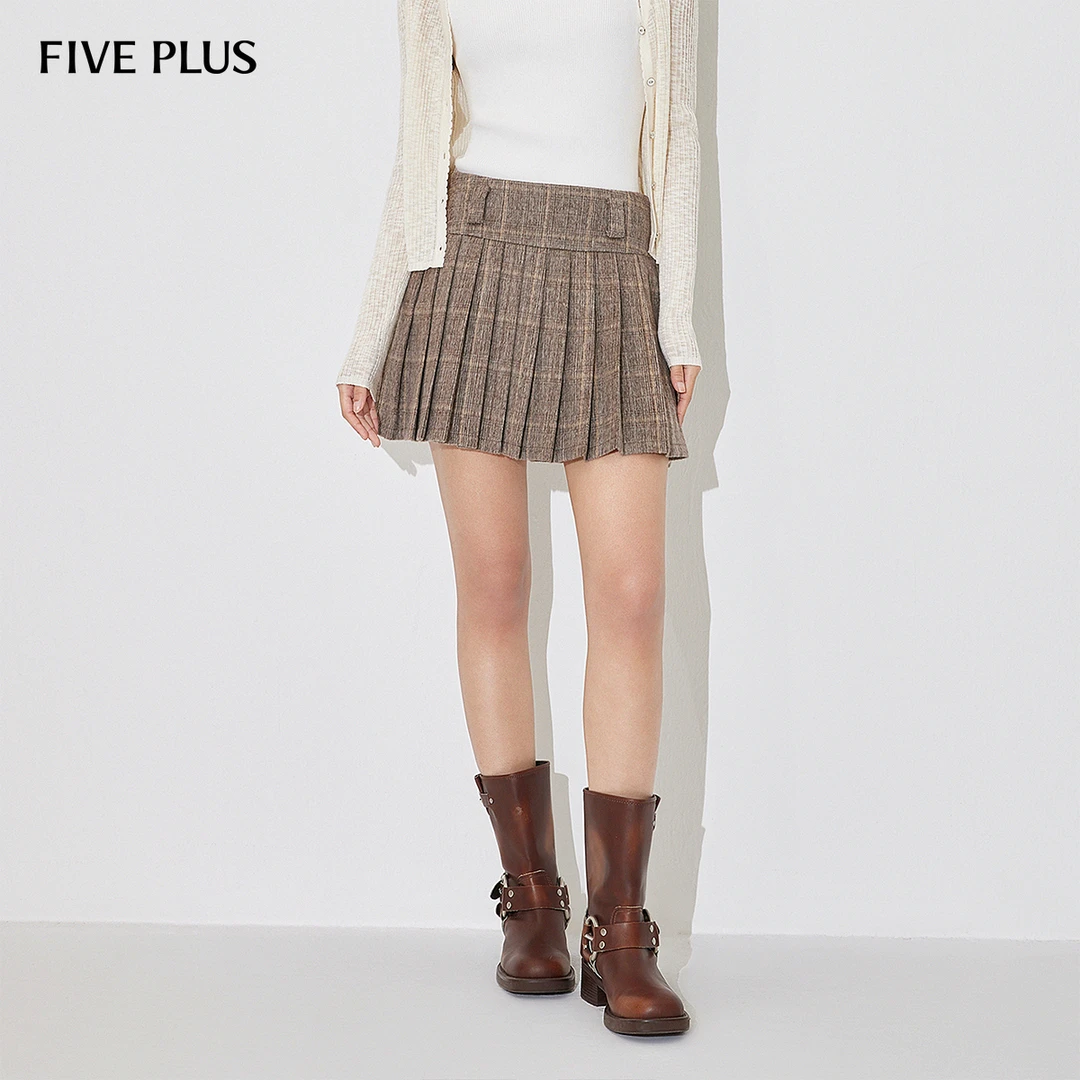 FIVE PLUS春装半身裙女百褶短裙高腰A字复古学院风格子2LA1076240