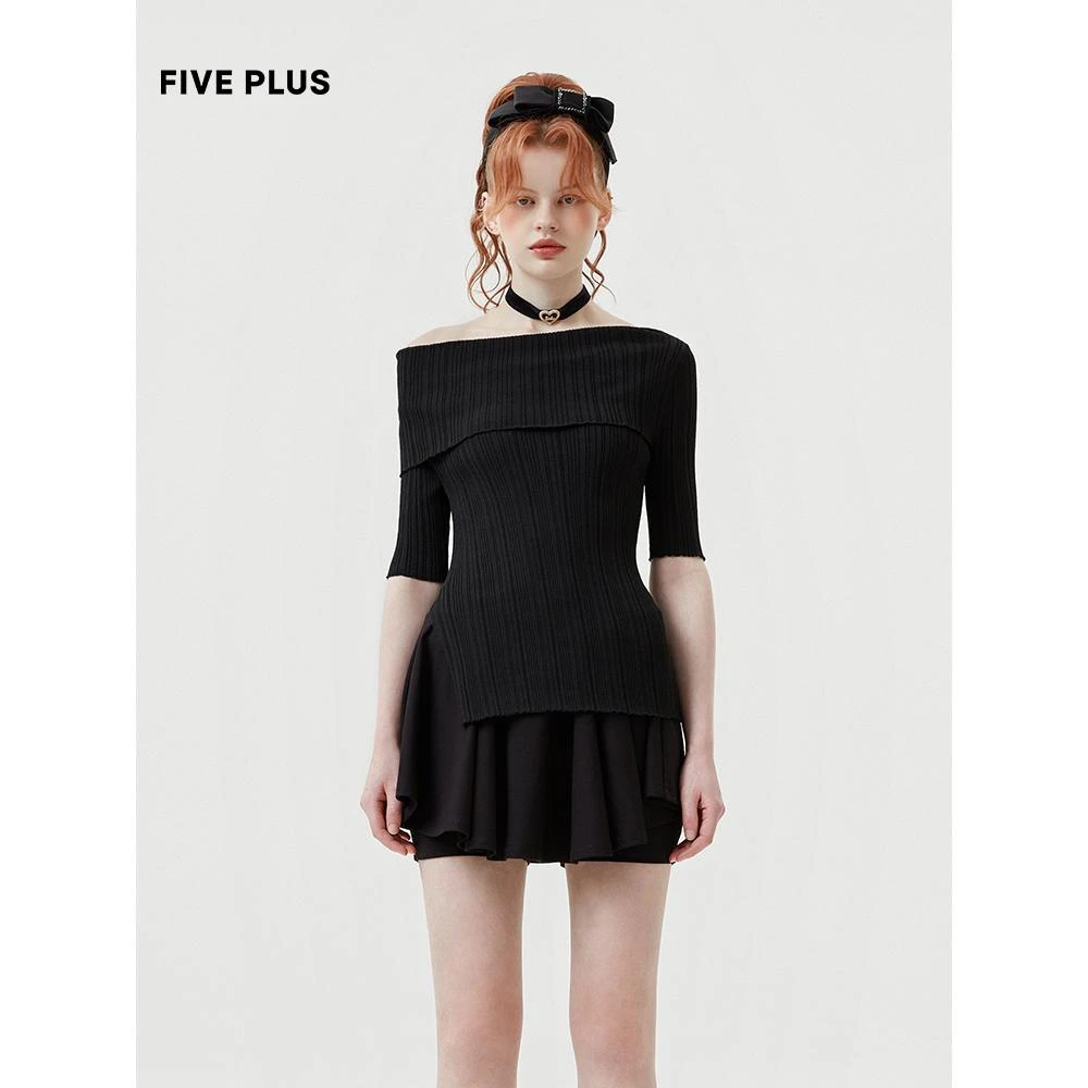FIVEPLUS夏装一字领露肩针织衫女修身开叉套头衫短袖2TE2031610