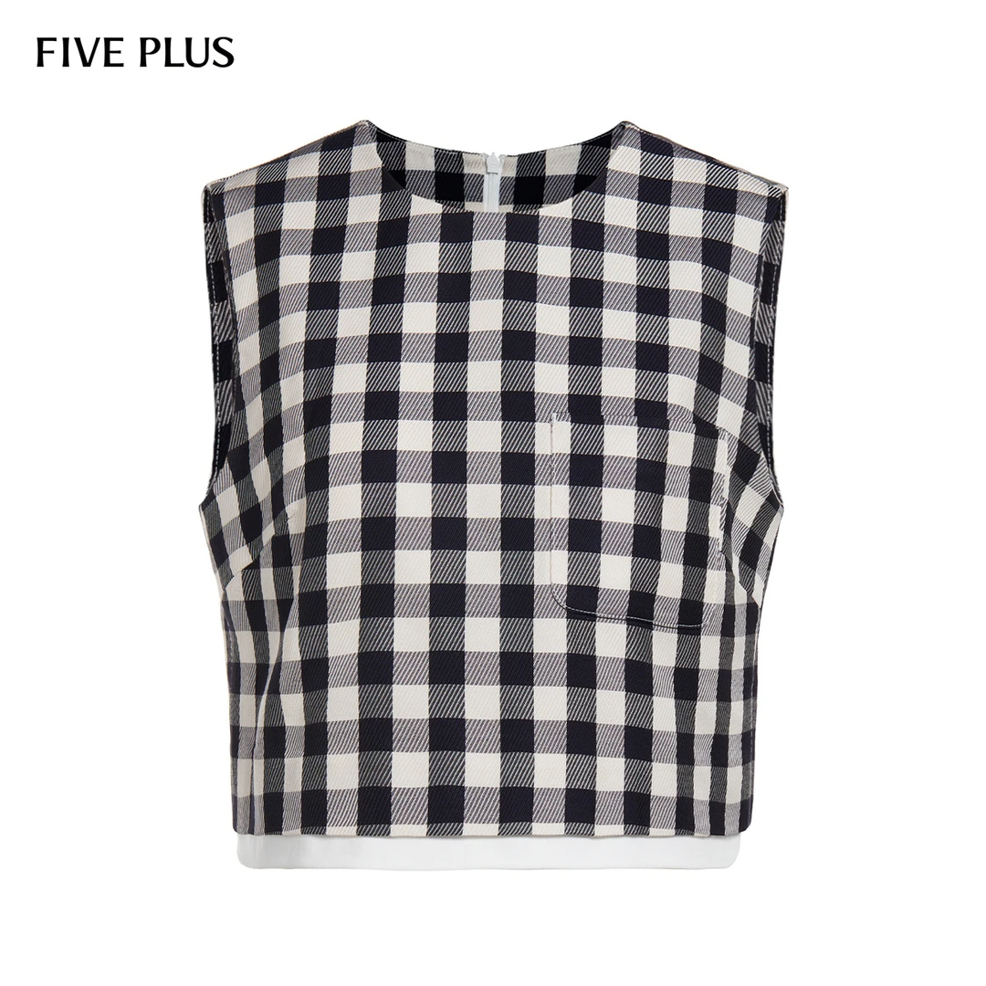FIVE PLUS夏装衬衫女上衣短衬衣无袖维希格纹复古气质2LE2013820