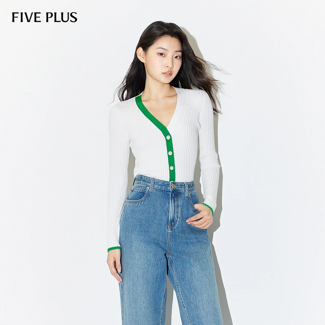 FIVE PLUS女春装毛衣女撞色单排扣V领设计感小众打底衫2LW1030060