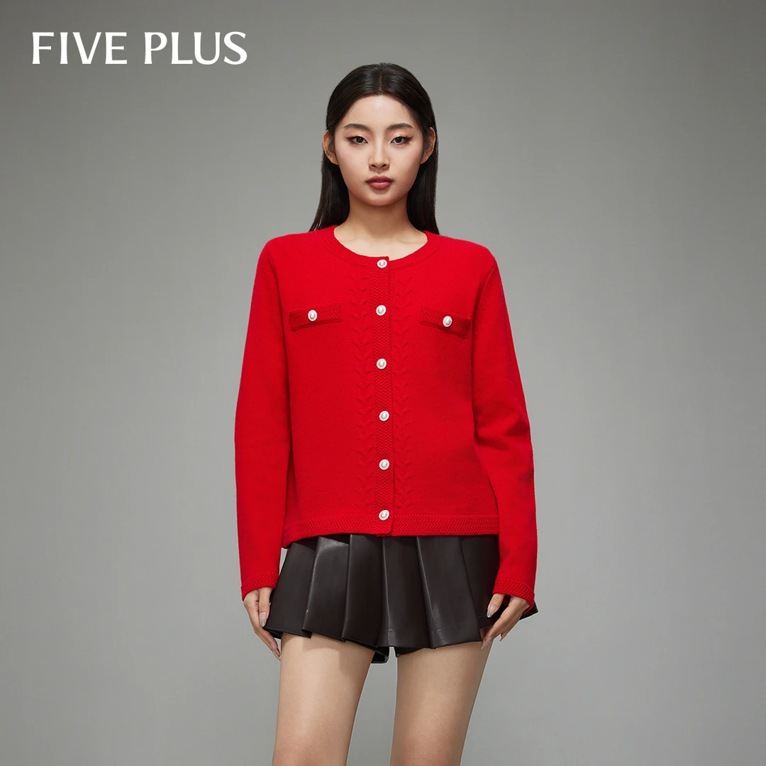 FIVE PLUS早春含羊毛小香风针织开衫千金风长袖针织衫2TE4035100