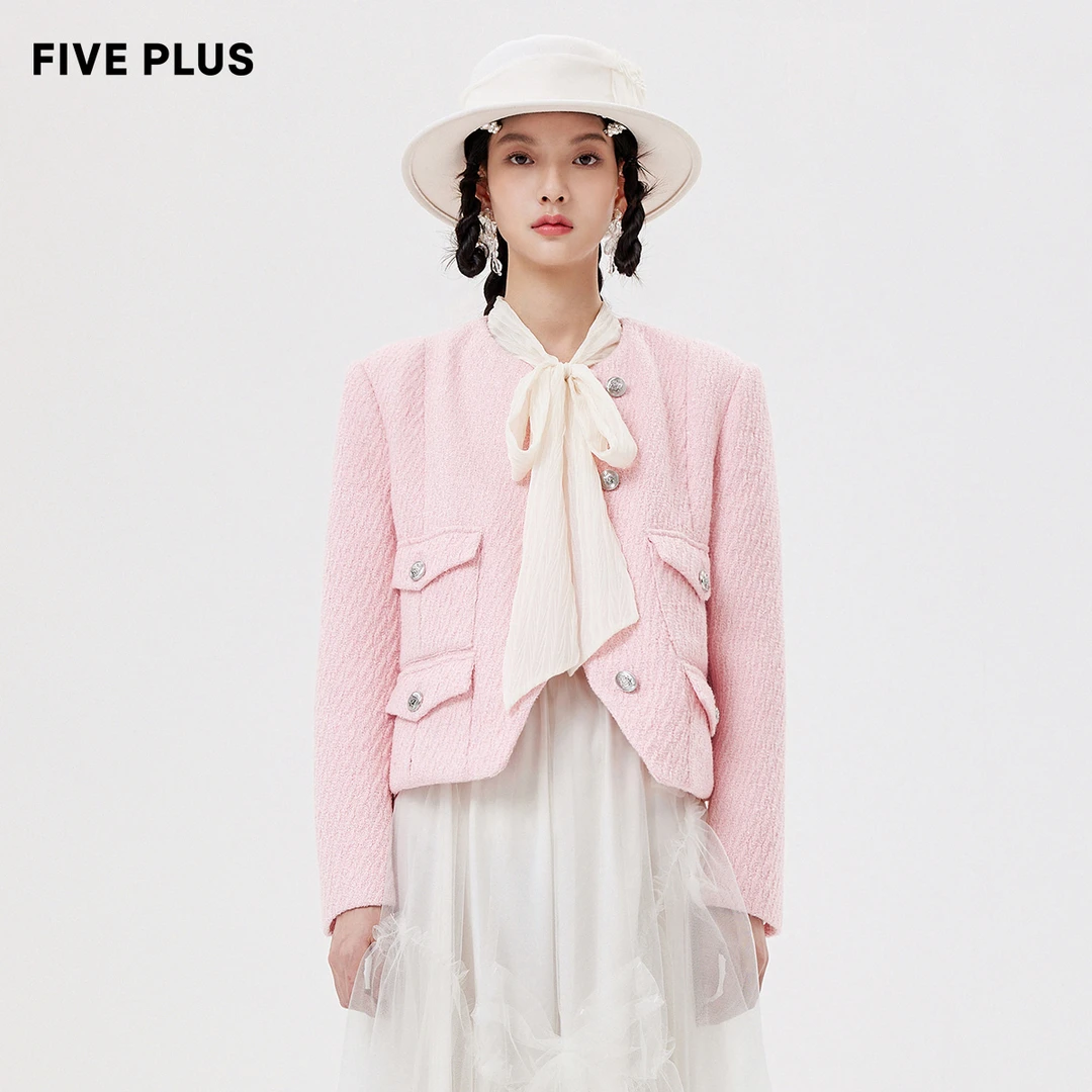 FIVE PLUS小香风短款外套女长袖开襟箱型上衣法式名媛2WE3042070