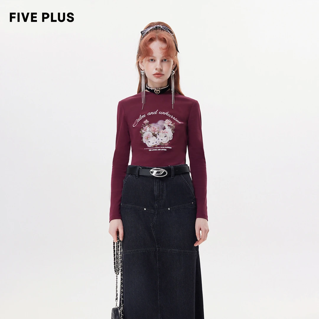 【陈大可专属】FIVEPLUST恤女复古猫咪长袖字母修身打底套头衫潮2TN