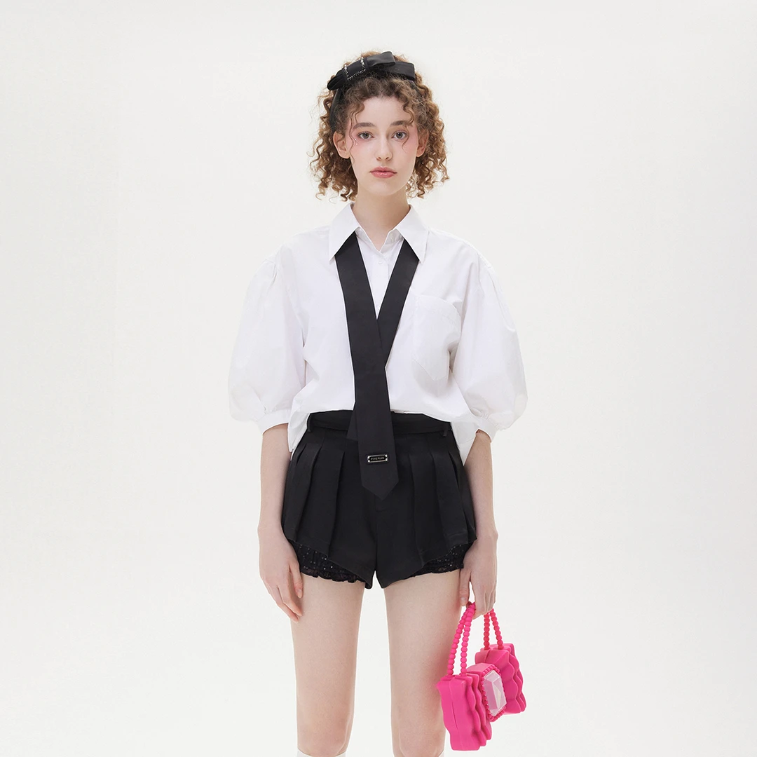 FIVE PLUS衬衫女复古泡泡袖学院领带中袖衬衣翻领2TN2012270