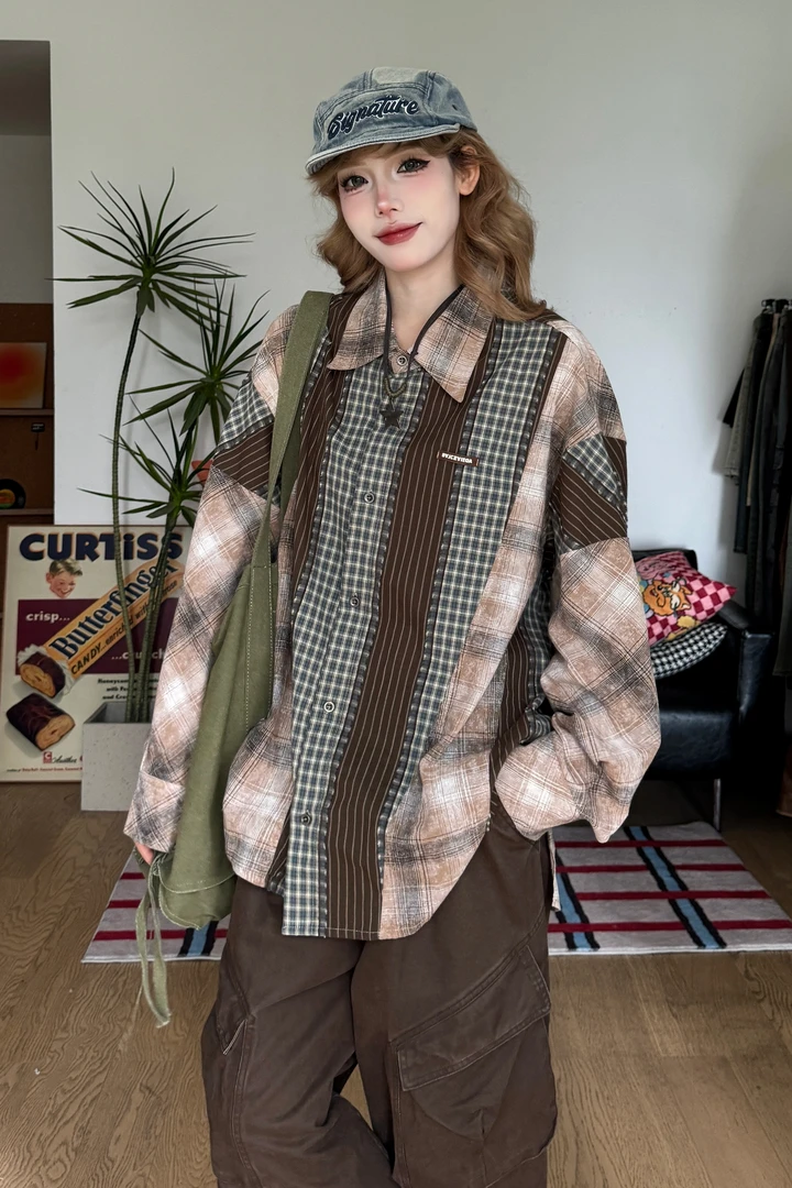 壹三三  原创解构拼接毛边流苏格子撞色衬衣小众宽松休闲秋男女