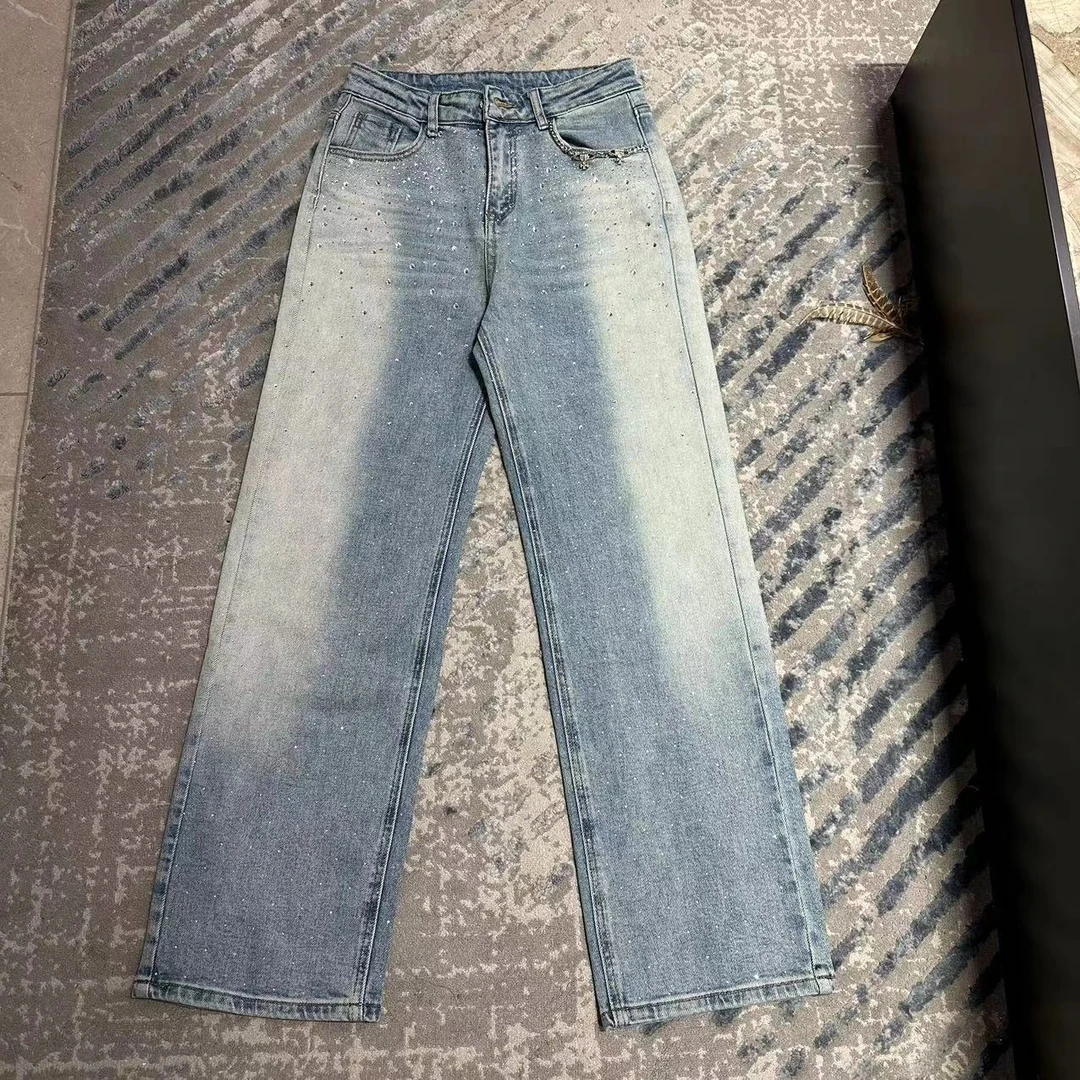 【花姐家】2024网红春款韩版中高腰时尚休闲百搭宽松蓝色碎钻牛仔裤