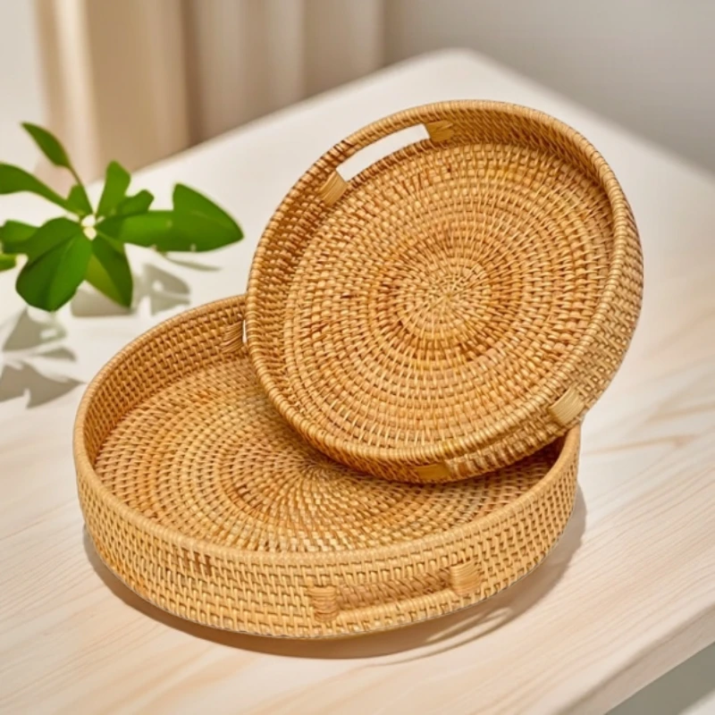 越南秋藤手工编织篮植物真藤茶托盘客厅家用创意日式简约
