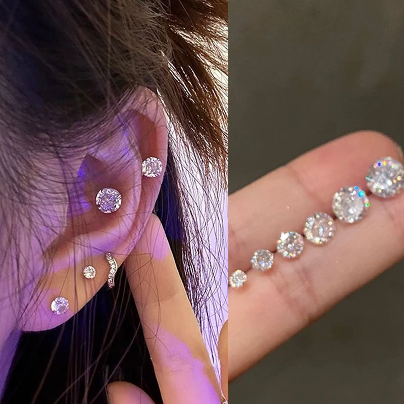 合金耳饰 超闪!百搭锆石耳骨钉女高级感耳环精致水钻耳蜗钉耳饰男