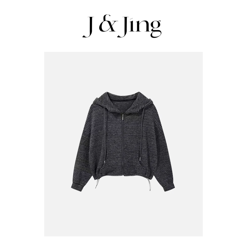 J&Jing-「时尚周刊」-韩系慵懒风保暖舒适条纹连帽上衣0070