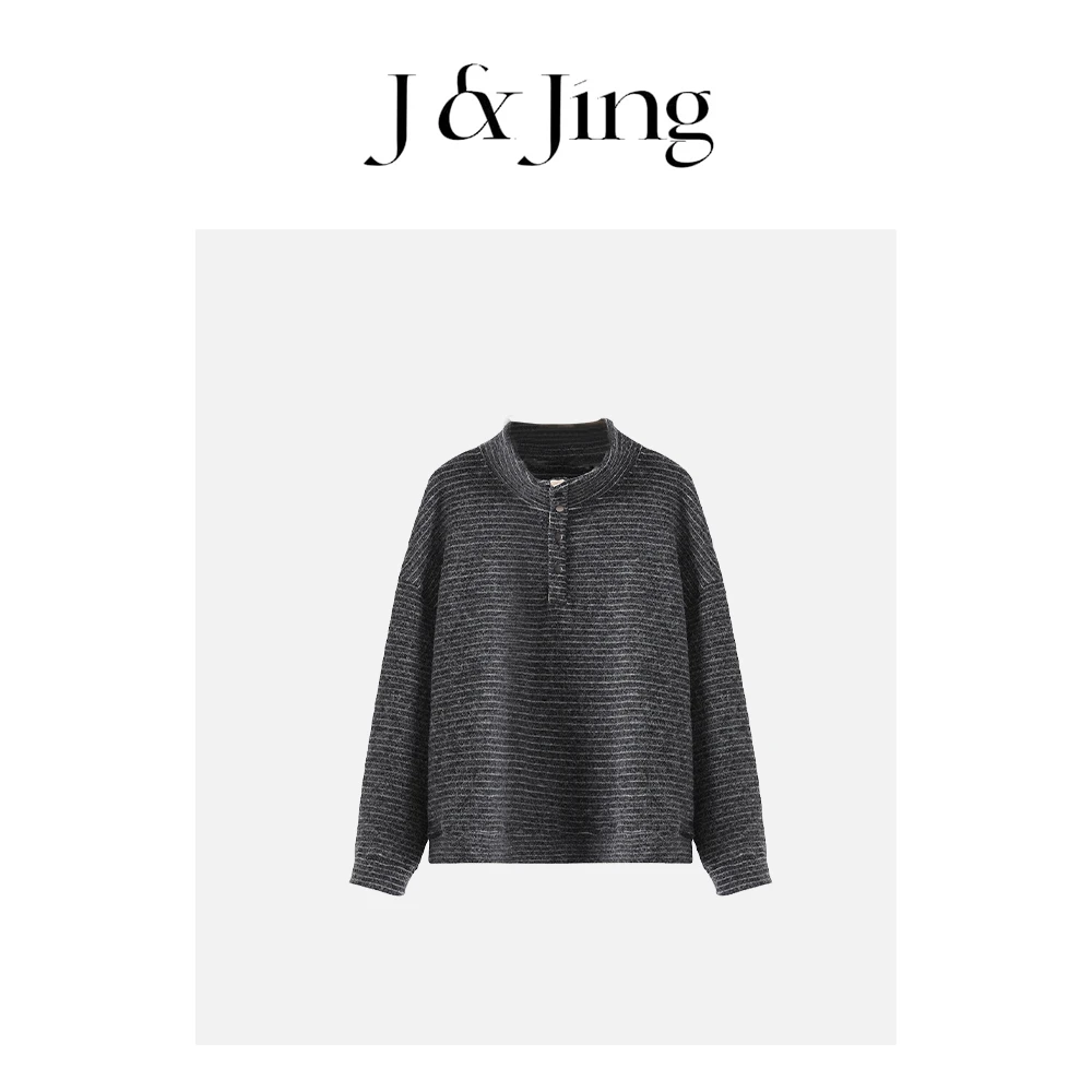 J&Jing-「塞纳周末」-毛绒细条纹立领保暖卫衣上衣C25C42