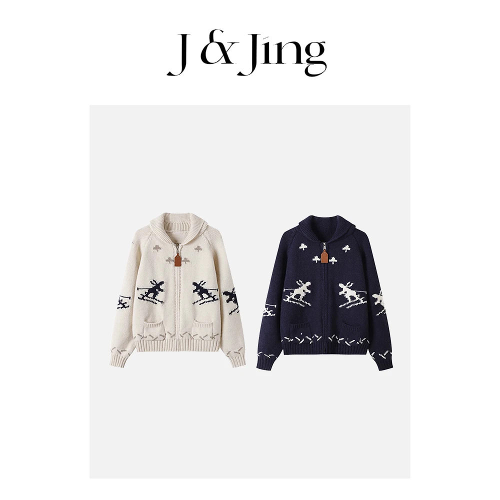 J&Jing-「滑雪小人」-冬季保暖韩系滑雪宽松毛衣开衫外套Y24150