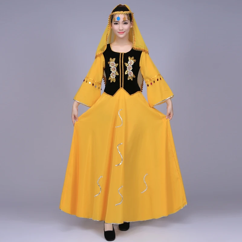 新款新疆舞蹈服装女款维吾尔族舞台服装民族表演服维族长款演出服