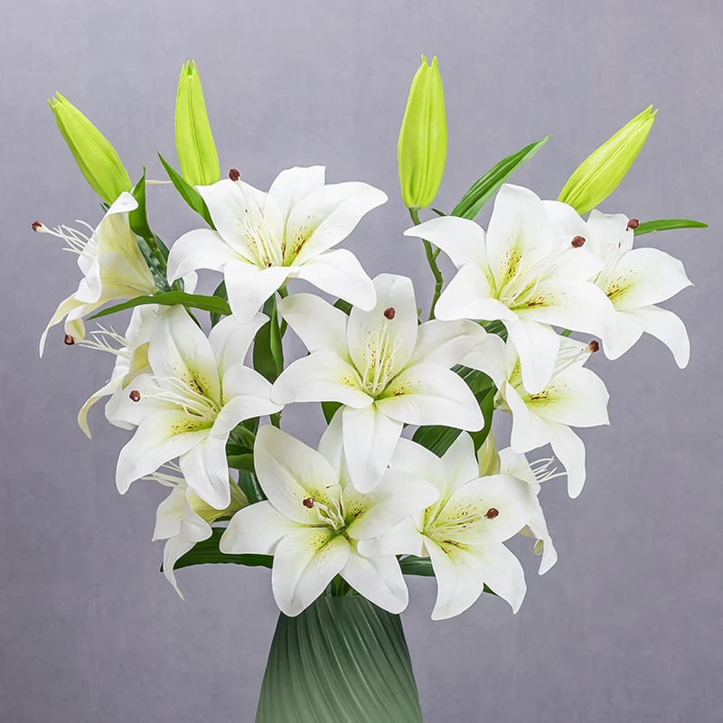 仿真百合 客厅花束装饰摆件品 假花长枝杆花塑料塑胶餐桌摆设花瓶