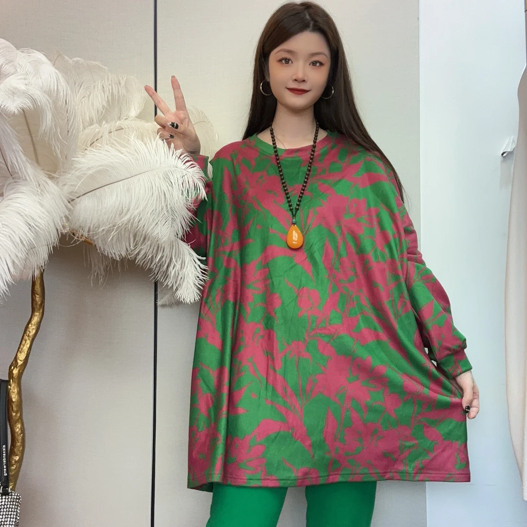 大码女装2024秋冬新款时尚印花圆领打底衫双面德绒加厚套头上衣