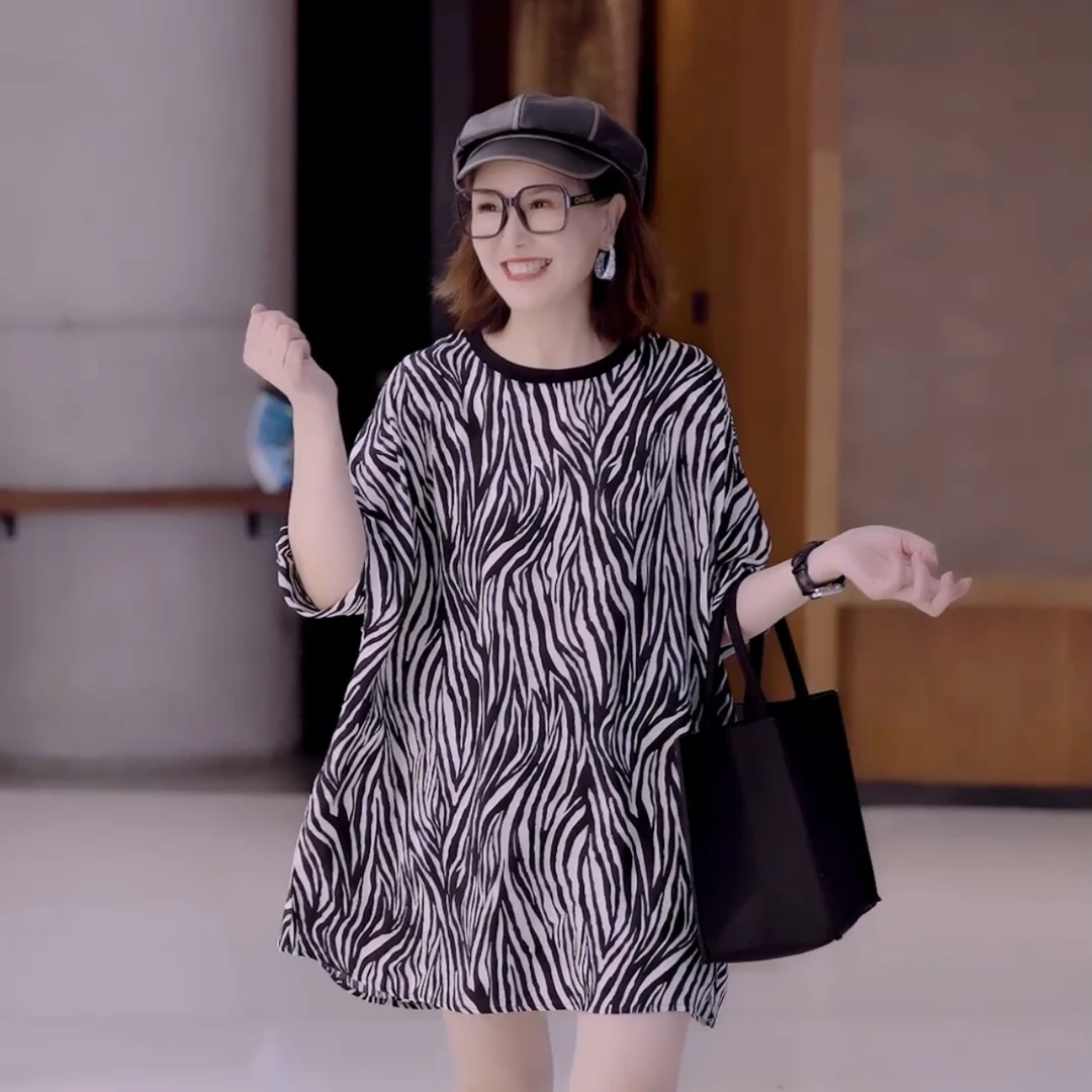 欧洲站花色女2024夏季新款时尚气质圆领宽松显瘦上衣短袖T恤