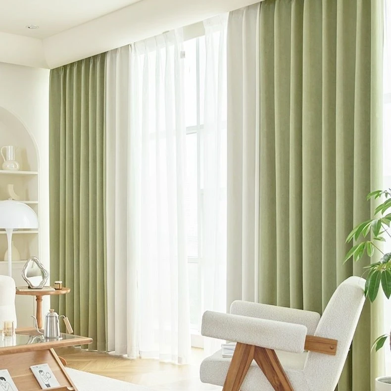 抹茶色雪尼尔人字纹遮光窗帘2023新款卧室客厅飘窗隔音