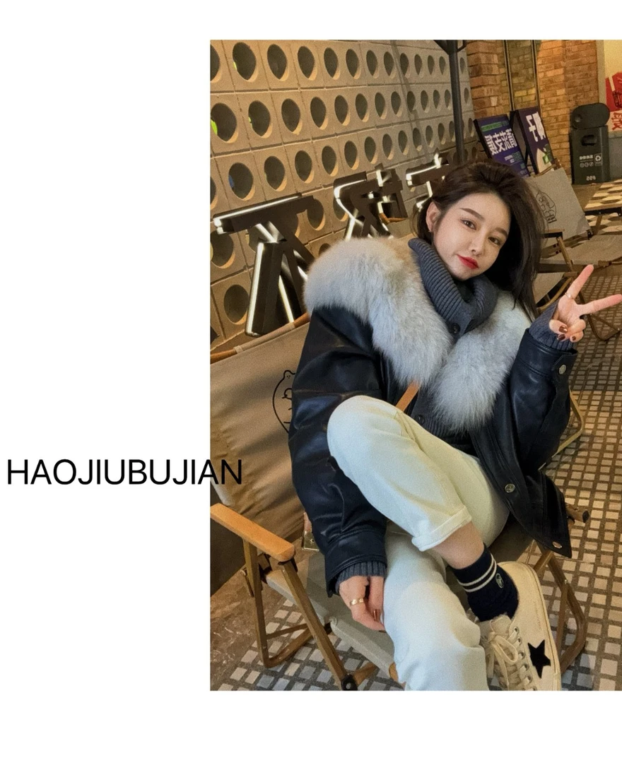 好久不见狐狸毛领拼皮羽绒服