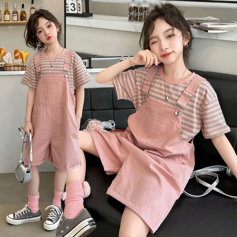 女童套装2024新款夏装儿童休闲条纹短袖中大童时尚背带裤两件套潮