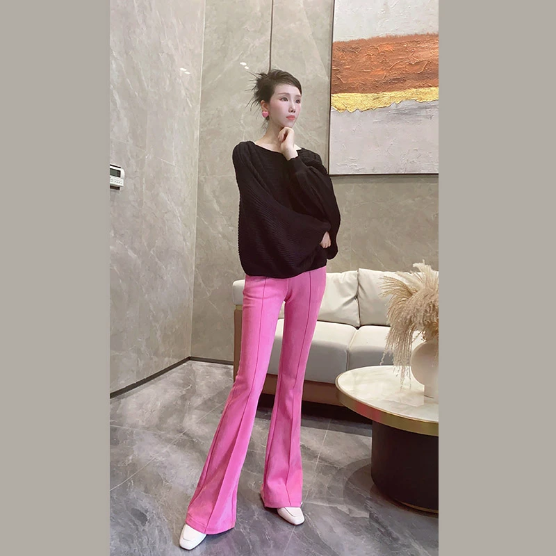 高贵上档次女裤粉红色微喇裤高腰春秋微喇叭修身时尚百搭女士长裤