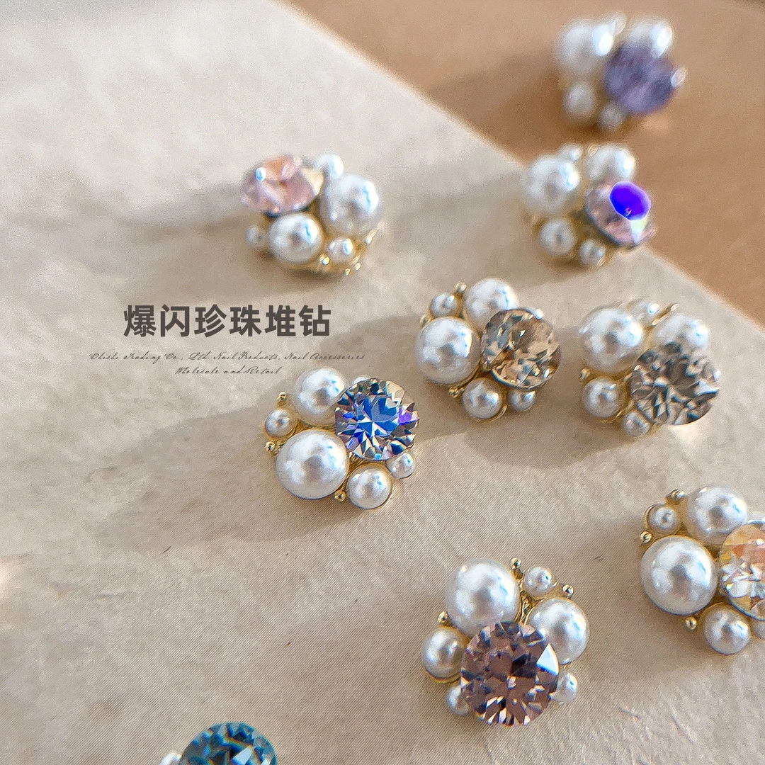 网红爆款珍珠堆钻美甲饰品超闪圆钻手工镶珍珠成品指甲配饰钻058#