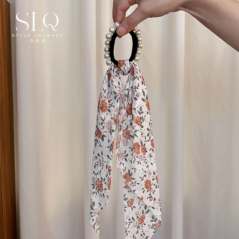 春水初生-仙美碎花珠珠发圈发带女2024新款带飘带扎发皮筋发绳