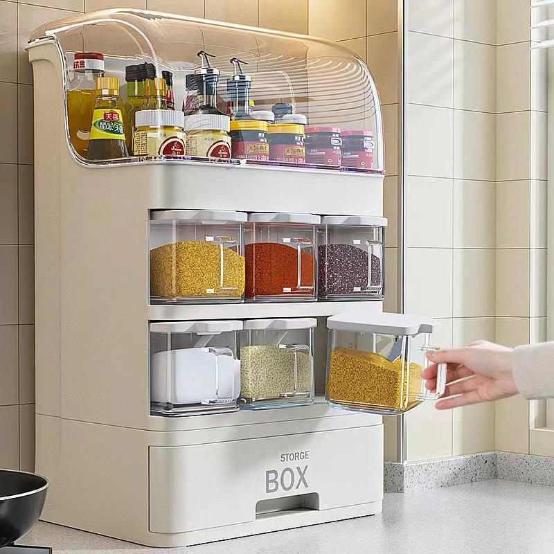 防油带盖厨房置物架调味料盒酱油醋瓶糖盐罐子抽屉式多功能收纳盒