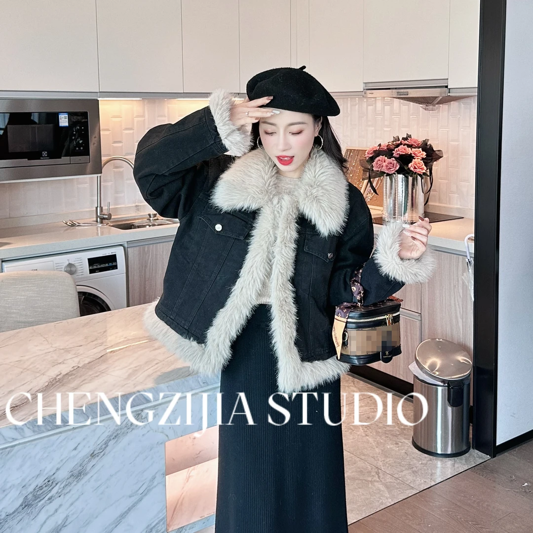 WT0292加厚毛毛拼接高级感牛仔外套