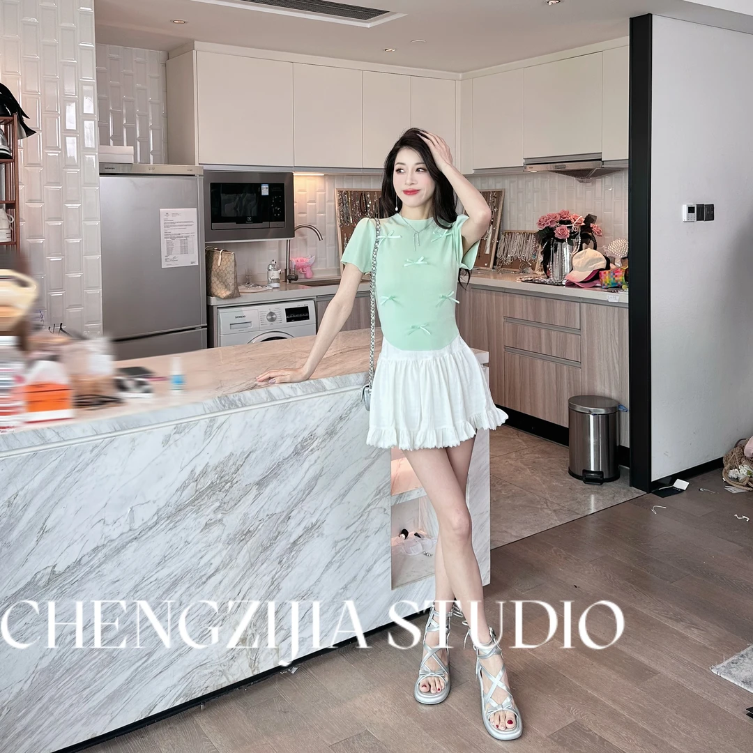 橙子·studio 【缪系少女】TX0370蝴蝶结圆领百搭T恤