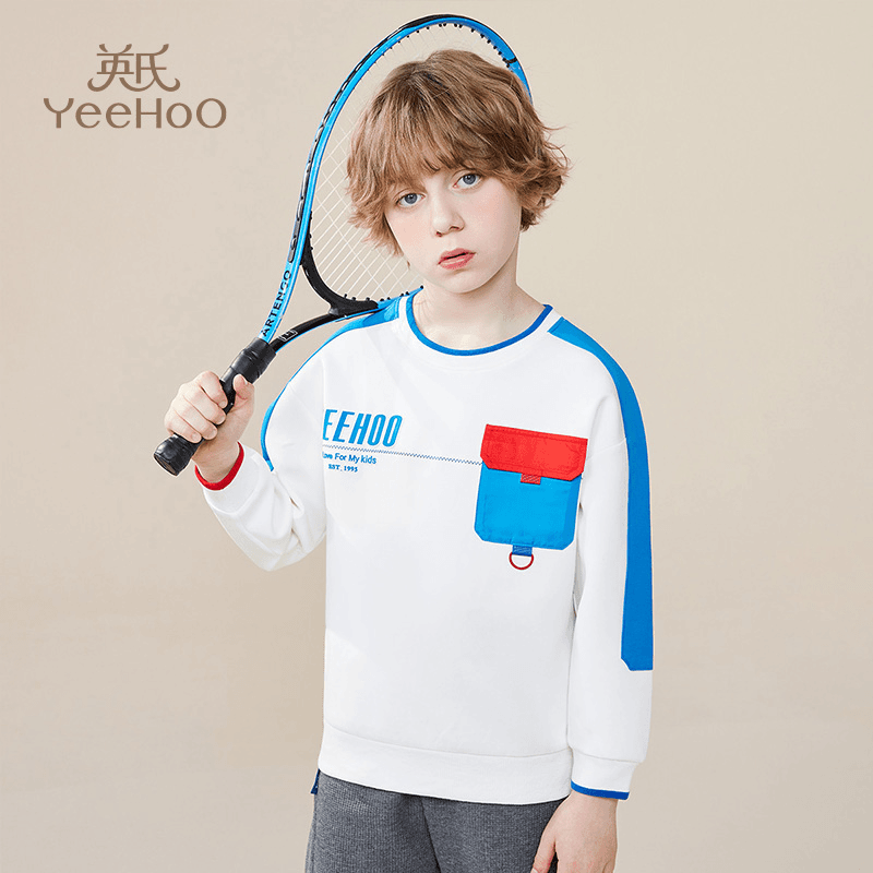 英氏男童【秋季破价】卫衣中大童撞色口袋秋装儿童休闲上衣