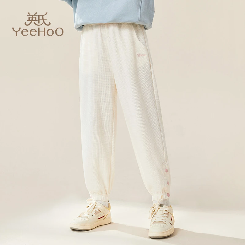 英氏女童华夫格卫裤新款儿童运动裤子休闲长裤春秋外穿宽松儿童节