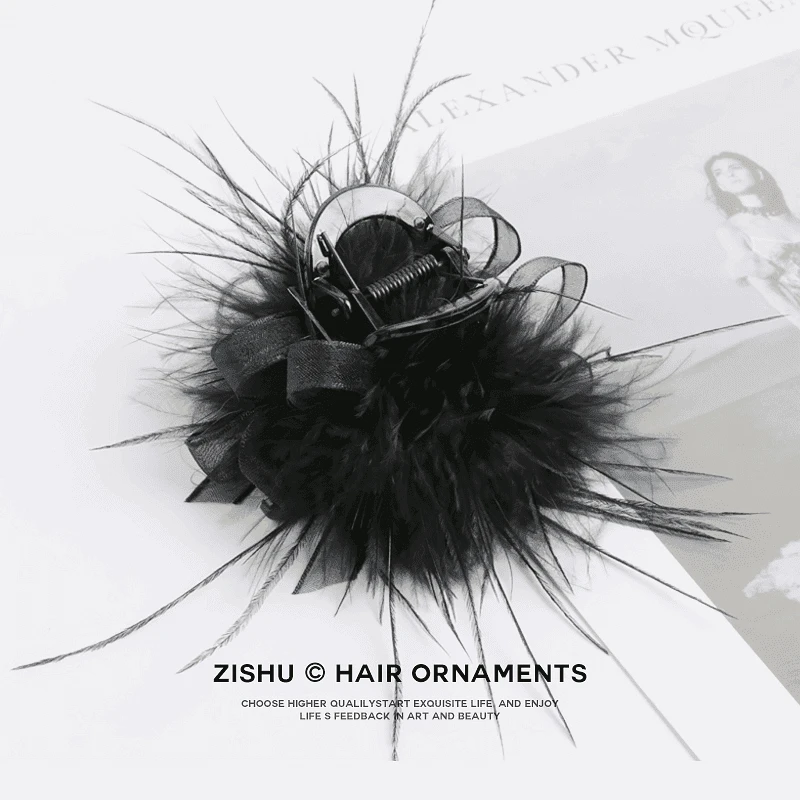 设计感网纱羽毛抓夹百搭网红发饰盘发夹子头饰爆款黑色头花鲨鱼夹